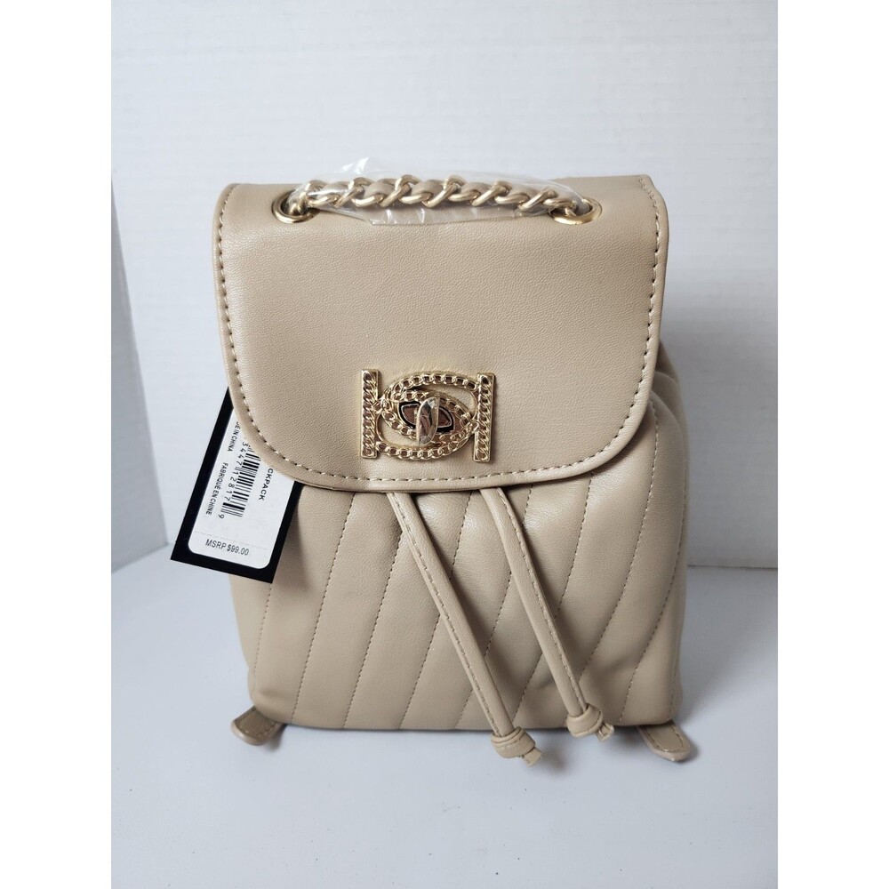 Bebe Quilted Chain Detail Flap Backpack Tan Faux Leather New with Tag